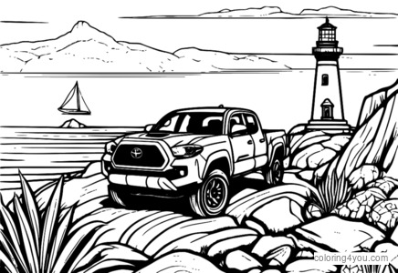 Dibujo de Camión Toyota Tacoma circulando por una costa rocosa para colorear