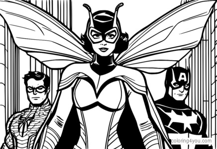 Teamwork illustration of Wasp superhero, working together with her fellow Avengers