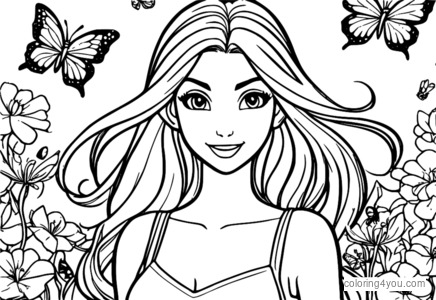 Bloom, personazhi kryesor i Winx Club, i rrethuar nga flutura dhe lule.