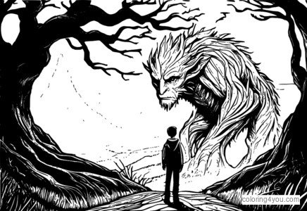 A Monster Calls fantasy kunst farvelægningssider til børn, med Conor O'Malley og hans magiske omgivelser