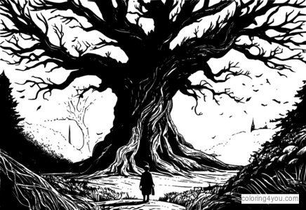 A Monster Calls fantasy kunst farvelægningssider til børn, med Conor O'Malley og hans magiske omgivelser