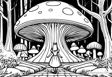 Alice in piedi di fronte a un fungo gigante in una foresta delle meraviglie