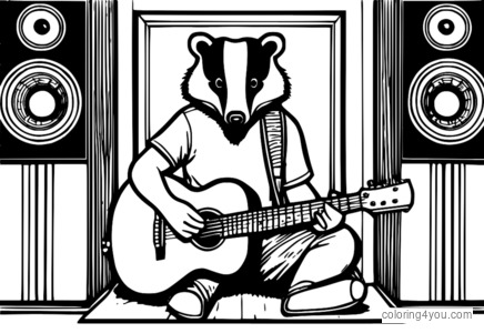 Μπλουζάκι περιοδείας Badger in Arctic Monkeys, που περιβάλλεται από επιλογές κιθάρας και ηχεία