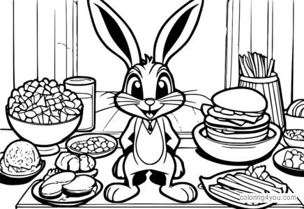 Coloring page of Bugs Bunny from Teen Titans GO!, surrounded by his favorite snacks.