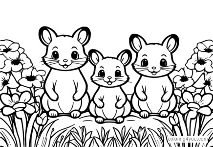 Un groupe de Calico Critters assis sur une colline avec des fleurs autour d'eux