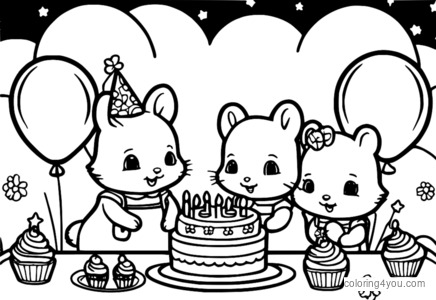 Un gruppo di Calico Critters che festeggia un compleanno con palloncini e torta