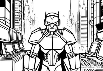 Coloring page of Cyborg from Teen Titans GO!, surrounded by computer screens and wires.