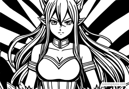 Erza Scarlet v cehovski uniformi Fairy Tail, obdana s čarobnimi uroki