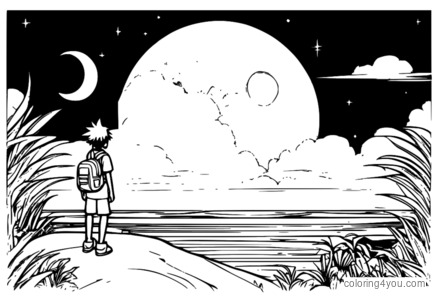 Gon Freecss standing on an island with a huge crescent moon shining in the background