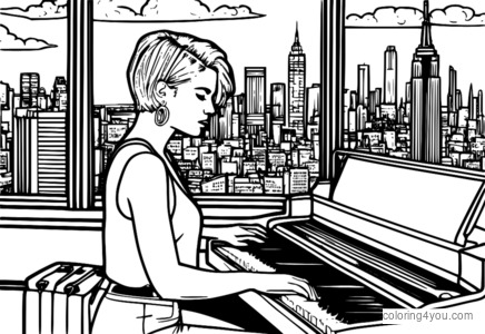 Halsey music coloring pages with instruments and city skylines