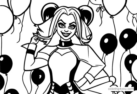 Coloring page of Harley Quinn from Teen Titans GO!, surrounded by balloons and party decorations.