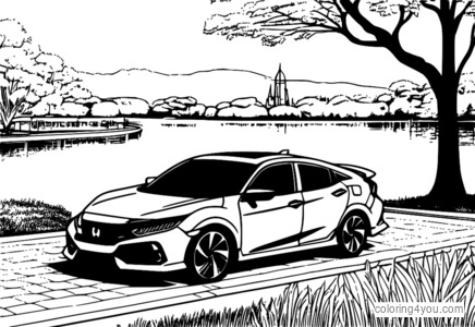 Modern Honda Civic Hybrid parked in a city park with a green tree and a lake