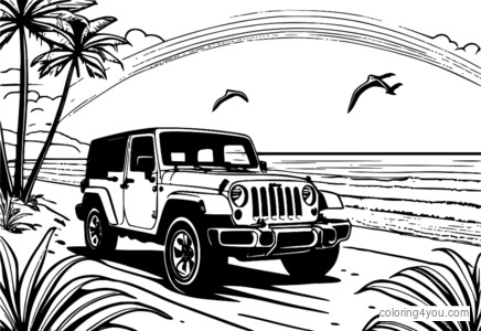 Jeep Wrangler rijdt door een strandtafereel