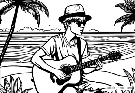 Justin Bieber speelt gitaar op een zonnige strandachtergrond