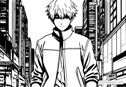 Coloring page of Ken Kaneki in Kantan mode from Tokyo Ghoul anime series