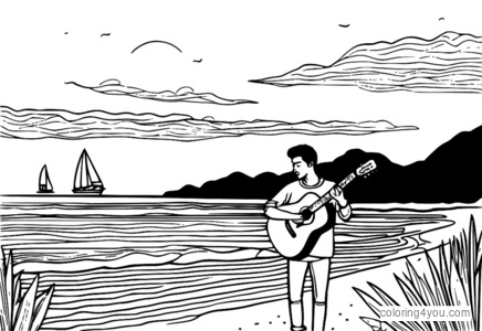 Khalid playing guitar on a beach at sunset