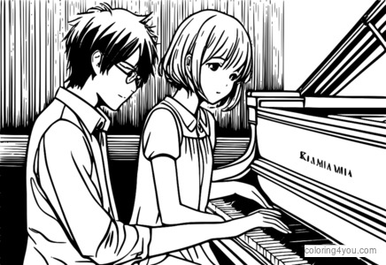 Kousei Arima onun yanında Kaori Miyazono ilə pianoda ifa edir