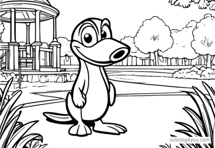 Karikatūrinis vaizdas, kuriame Perry Platypus šuo žaidžia atnešti