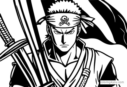 Roronoa Zoro con bandiera pirata e tre spade sullo sfondo