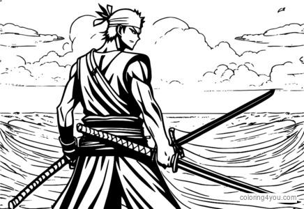 Roronoa Zoro con tres espadas y fondo marino.