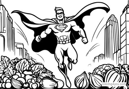 Coloring page of a spinach superhero with a cape and basket of fruits