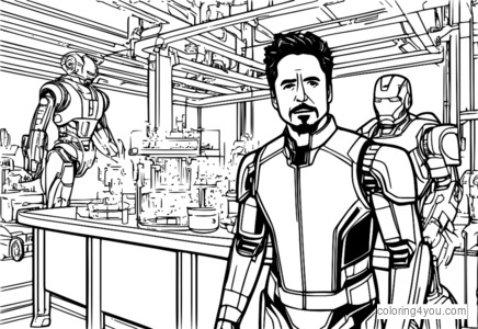 Tony Stark fargeleggingsside med Robert Downey Jr. i laboratoriet