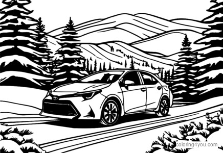 Toyota Corolla driving through the snowy winter landscape with pine trees