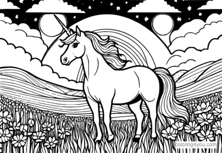 Unicorn ina sheasamh i réimse na bláthanna ildaite le tuar ceatha geal agus soilse thuaidh taispeáint sa chúlra.