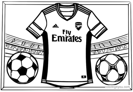 Halaman mewarna jersi bola sepak Arsenal, logo Gunners, merah dan putih