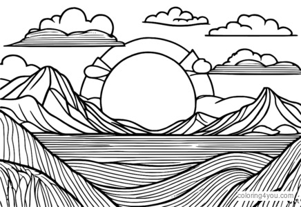 Coloring page of a cross on a hill with people and fishing nets