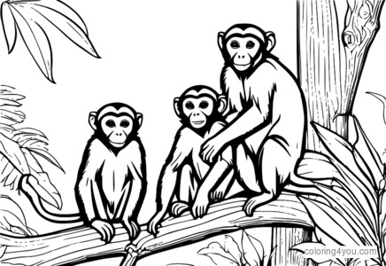 desenho para colorir da família dos macacos-prego brincando juntos