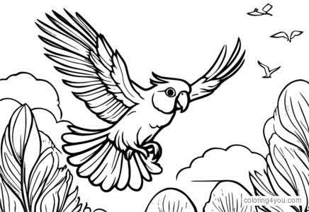 Dibujo de Cacatúa volando para colorear con diseño divertido y colorido