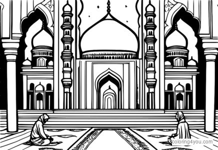 Eid al-Fitr prayer scene in a mosque coloring page