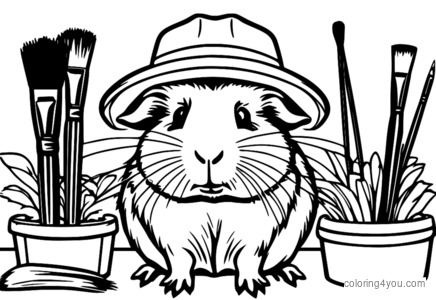 Guinea Pig wearing a painter's hat and holding a brush, surrounded by colorful scenes.