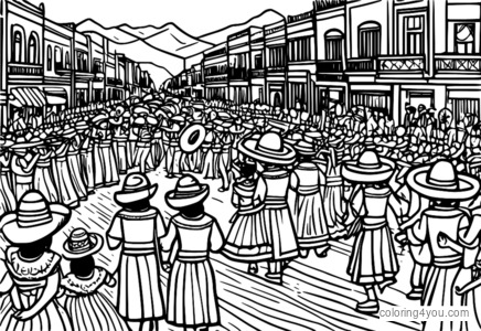 Mexican parade coloring page with marching bands and floats