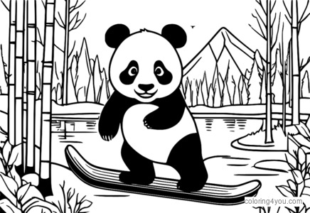 Cute panda ice-skating coloring page on frozen pond