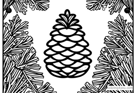 Coloring page of a pine cone with ornaments