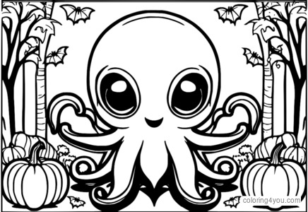 Gruselige Oktopus-Malseite mit Halloween-Touch.