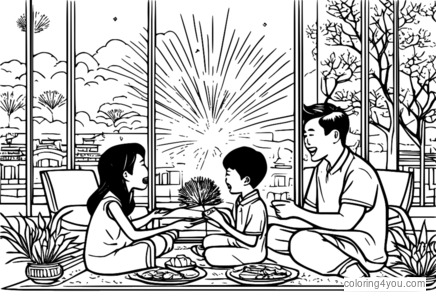 Tet coloring pages with family reunion and fireworks