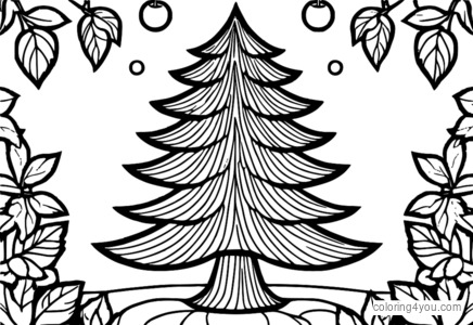 Coloriage Sapin de Noël décoré de feuilles de cerisier et d'ornements rouges