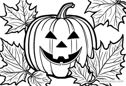 Halloween coloring page with jack-o-lantern and fall leaves