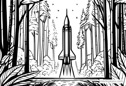 coloring page of HIMARS rocket launcher in a forest environment with trees and foliage