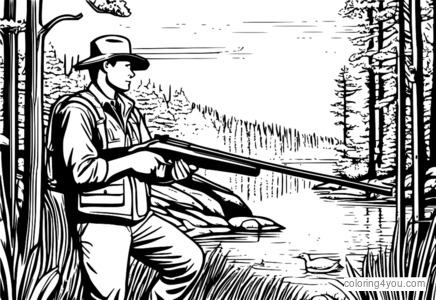 Coloring page of an Ithaca Model 37 shotgun in woodlands for waterfowl hunting