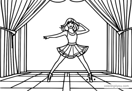 Personaje del juego Just Dance actuando en el escenario, ilustración colorida