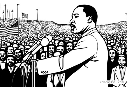 hình minh họa đầy màu sắc về Martin Luther King Jr. đang đứng trước đám đông, cầm micro, với nền là lá cờ Mỹ mờ nhạt.