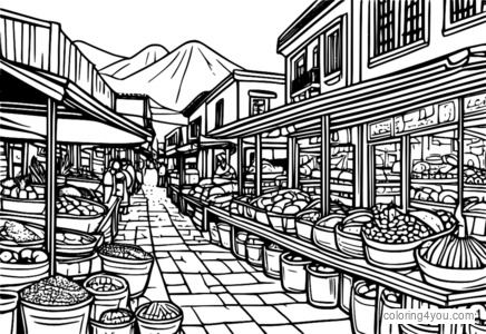 Mexican market coloring page with shops and stalls