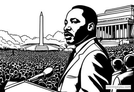 Bellissima illustrazione di Martin Luther King Jr. mentre pronuncia il suo famoso discorso "I Have a Dream", con una folla di persone radunate intorno a lui, con cartelli e striscioni.