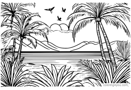 Coloriage de la faune des palmiers avec des oiseaux et des insectes tropicaux