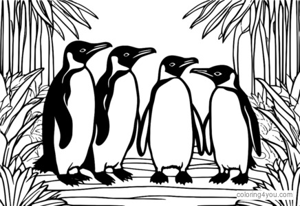 Página para colorir da vida selvagem de pinguins na selva