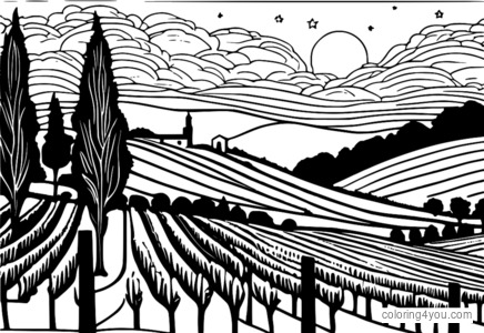 Vineyard coloring page inspired by Van Gogh